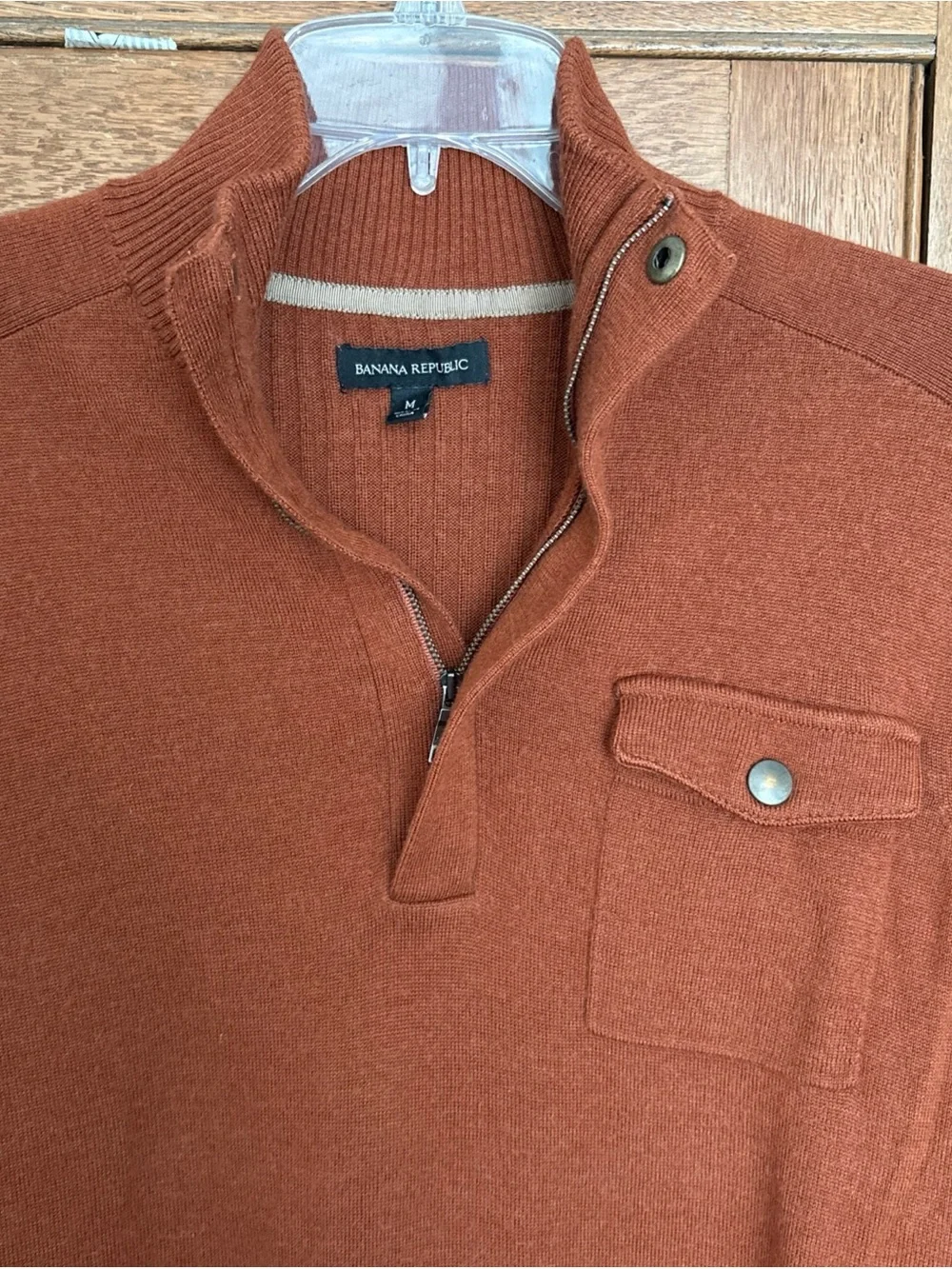 Banana Republic Men's Rust Zip-Neck Sweater with Snap Pocket Fine Merino Wool